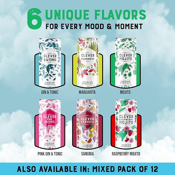 CLEVER - Mojito Nonalcoholic Mocktails for Any Occasion Sugar-Free Beverages with Botanical Extracts Low-Calorie Mocktails Non-alcoholic Drinks with 70 Calories Pack of 12 (12 oz Ea)