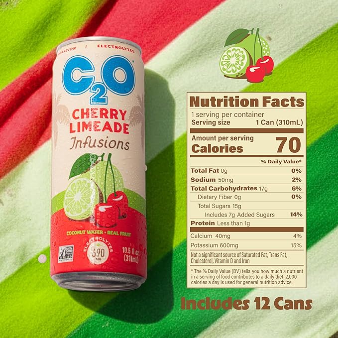 C2O - Coconut Water Infusions - Cherry Limeade (12 Pack) - 700mg of Electrolytes - Made with Fresh Coconut Water + Real Fruit Juice - Plant Based Natural Hydration Non GMO - 12 Slim Cans 10.5 fl oz