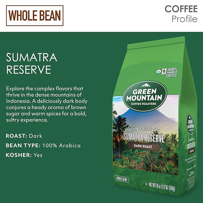 Green Mountain Coffee Roasters Sumatra Reserve Whole Bean Coffee Dark Roast Bagged 18 oz (Pack of 2)