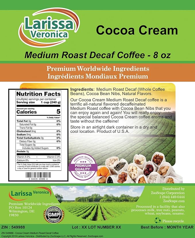 Cocoa Cream Medium Roast Decaf Coffee (Gourmet Naturally Flavored Whole Coffee Beans) (8 oz ZIN: 549988) - 2 Pack