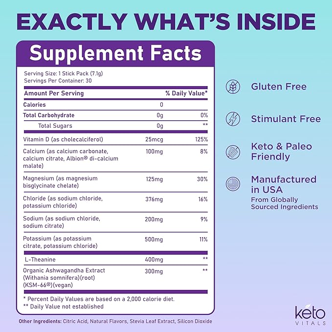 Keto Vitals Calm Magnesium Powder Packets Plus Electrolytes - Calming Drink Mix for Sleep - Natural Magnesium Glycinate Supplement with Ashwagandha KSM 66 L Theanine &amp Vitamin D - 30 Servings