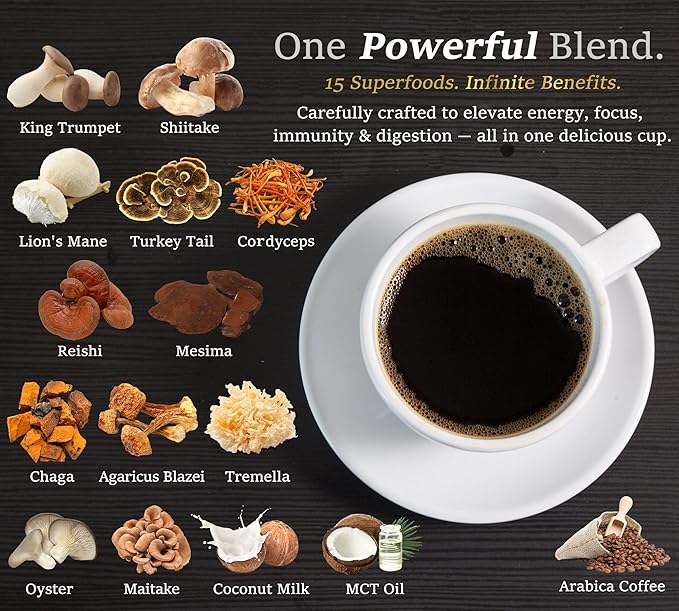 DLNIA Instant Organic Mushroom Coffee with 12 Adaptogenic Mushrooms Arabica Beans Coconut Milk &amp MCT Oil | Cordyceps Lion’s Mane &amp Turkey Tail Instant Coffee for Better Energy Focus Diges