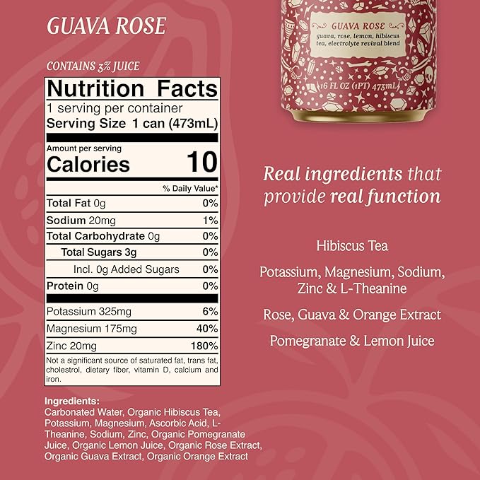 Corpse Reviver: Organic Electrolyte Hydration Drink | 175mg Magnesium 325mg Potassium 75mg L-Theanine 20mg Zinc 20mg Sodium Functional Beverage (Non-Alcoholic Sparkling Water) Guava Rose 12-Pack