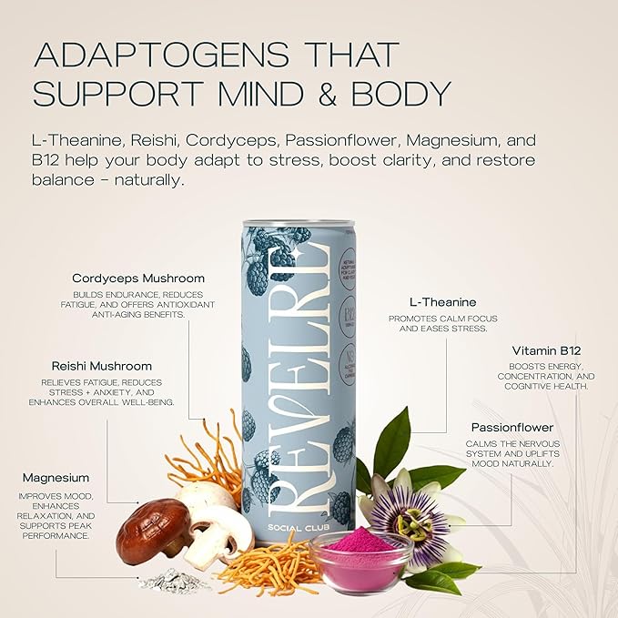 Revelre Functional Social Tonic with Ketones and Adaptogens - Mindful Blend for Focus and Calm - Ketones Magnesium B12 Reishi &amp Cordyceps Mushrooms - Non Alcoholic - Berries &amp Cream12 oz (