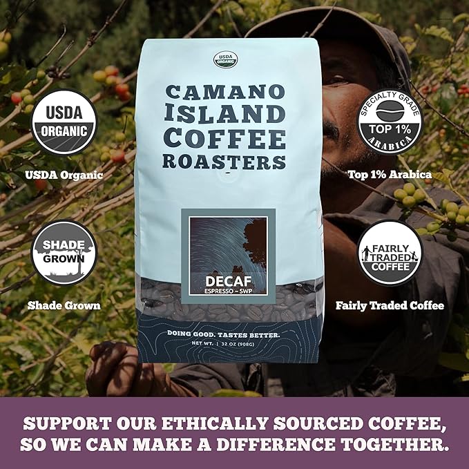 Camano Island Coffee Roasters Decaf Espresso Blend Whole Bean 2lb Fresh Dark Roast Swiss Water Processed USDA Organic Fairly Traded Shade Grown Top 1% Arabica Sweet Molasses Mixed Berry Flavor