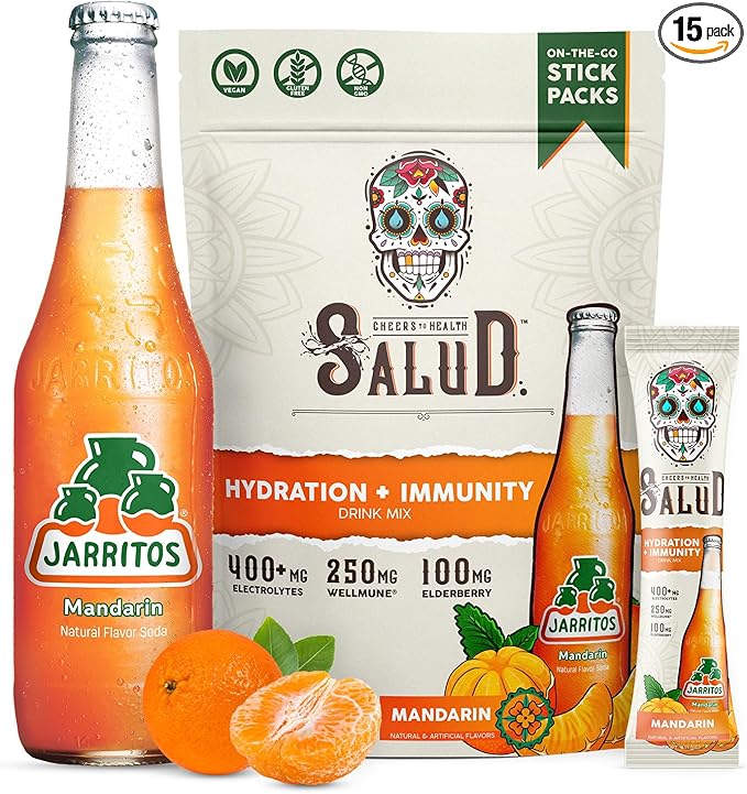 Salud x Jarritos 2-in-1 Hydration Packets + Immunity Electrolytes Powder Mandarin - Agua Fresca Drink Mix Elderberry Dairy &amp Soy Free Non-GMO Gluten Free Vegan 1g Sugar (15 Servings)