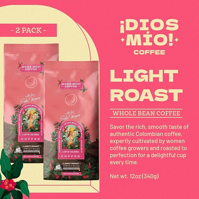 Dios Mio Coffee by Sofia Vergara Light Roast Whole Bean Premium Colombian Coffee 12 Ounce Bag (Pack of 2)