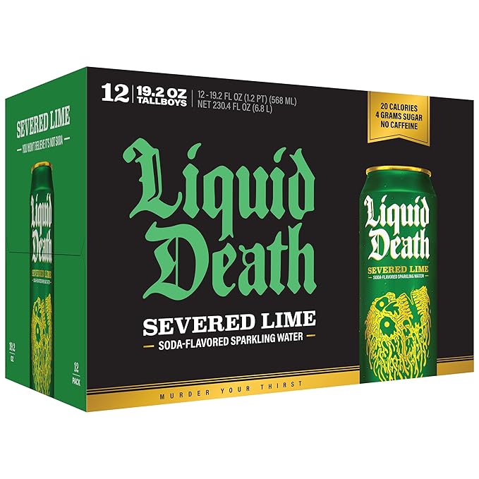 Liquid Death Soda-Flavored Sparkling Water - Severed Lime (Classic Lime Soda) Less Sugar* Huge Flavor No Artificial Sweeteners King Size 19.2 Fl Oz (Pack of 12)