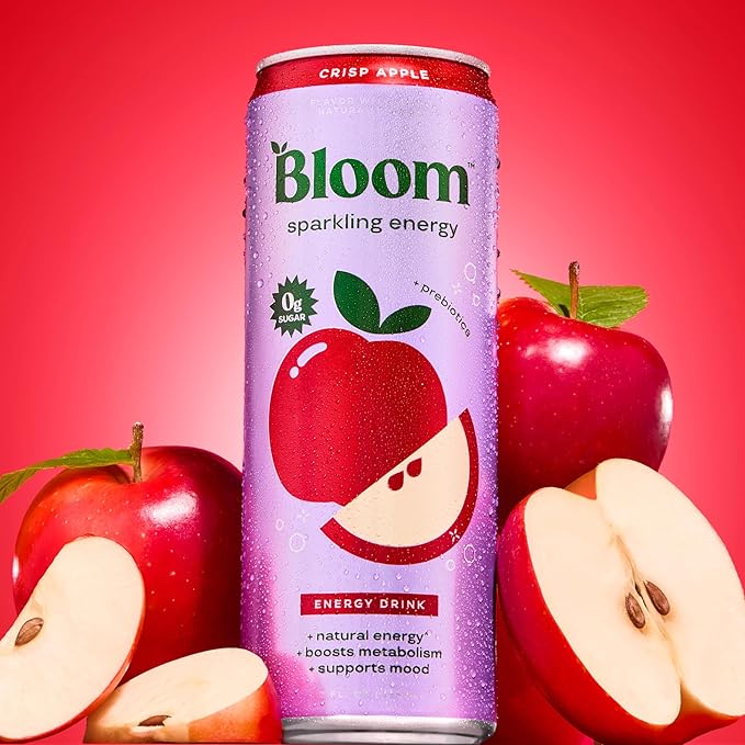 Bloom Nutrition Sparkling Energy Drink - Natural Caffeine Zero Sugar 180mg Caffeine - Antioxidant-Rich with Green Coffee Bean Green Tea Extract Prebiotics - Crisp Apple - 12oz 12 Pack