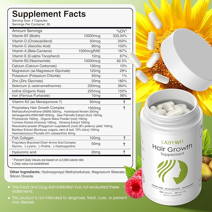 Hair Growth Supplement Biotin 10000mcg 32-in-1 with Vitamin A B3 C Magnesium Calcium Hair Growth Products Supports Hair &amp Nails Natural Growth Vitamins for Women &amp Men - 30 Servings