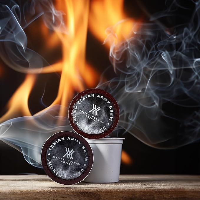 Whiskey Morning Coffee Texian Army Brew Double Smoked Dark Roast Coffee Pods Small Batch Fire Roasted with Pecan Wood &amp Cold Smoked with Cherry Wood 24 Count Bold &amp Strong Single Serve Pods
