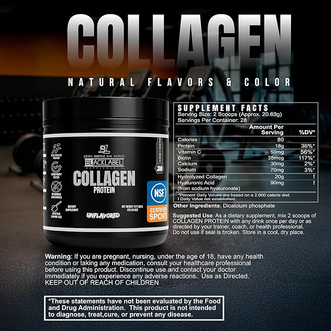 Blacklabel Unflavored Collagen Peptides Protein Powder – NSF Certified for Sport – Hydrolyzed Collagen Powder for Joint Tendon and Ligament Support – Protein with Collagen for Recovery – 28 Servings