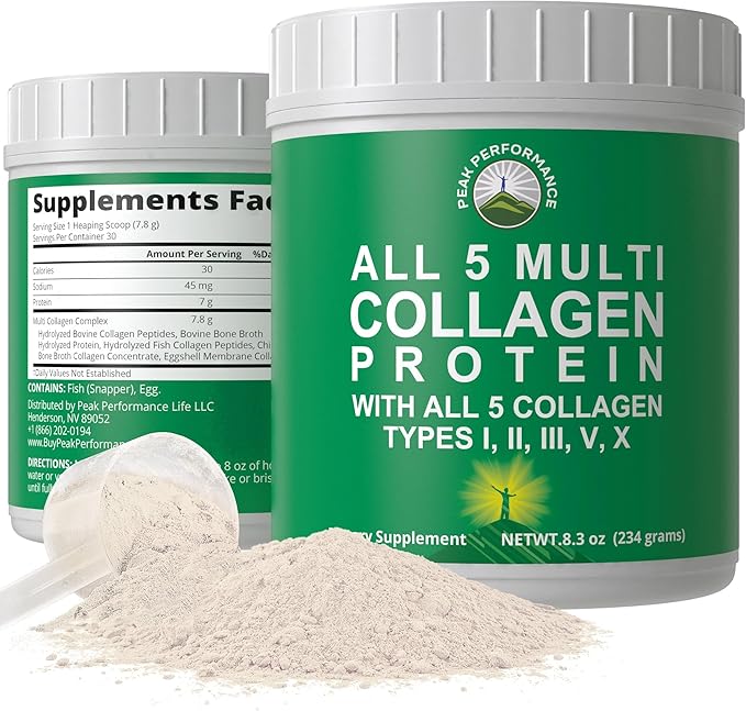 Peak Performance All 5 Multi-Collagen Protein Powder Peptides Multi-Collagen Contains All Types I II IIIV X. Keto Paleo Friendly with Hydrolyzed Bovine Marine Chicken Bone Broth Collagens