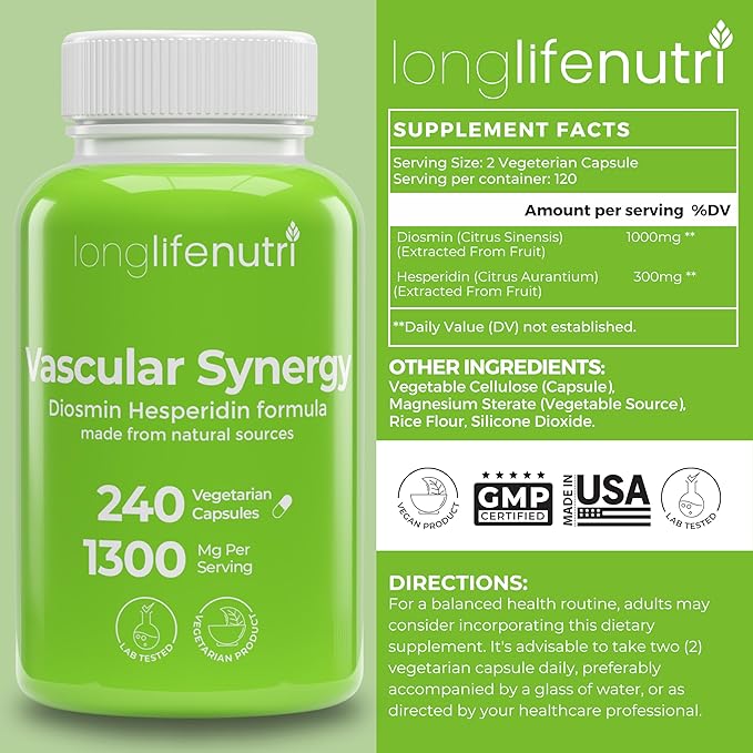 LongLifeNutri Diosmin Hesperidin Complex Vascular Synergy 1000mg/300mg for Optimal Circulation &amp Vein Support: 240 Capsules 120 Servings 4-Month Supply Made in USA