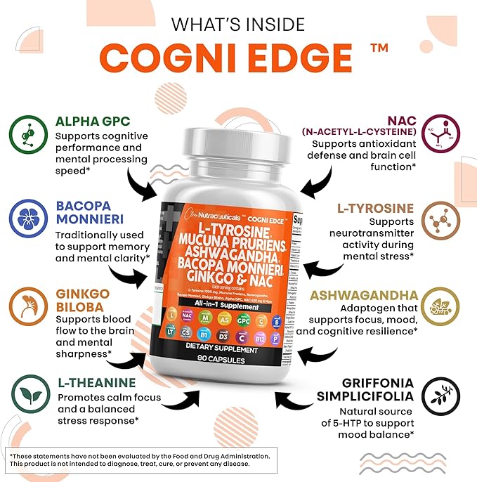 Clean Nutraceuticals L Tyrosine Mucuna Pruriens Bacopa Monnieri Ashwagandha Focus Supplement w/N-Acetyl Cysteine NAC 5-HTP Ginkgo Biloba Alpha GPC Vitamin C D B1 B12 (Pack of 2)