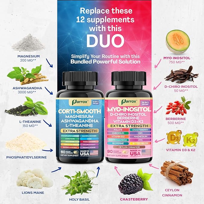 Cortisol &amp Myo-Inositol Supplement Bundle Soothe &amp Smooth Bundle 13-in-1 Cortisol Balance Magnesium Ashwagandha L-Theanine D-Chiro Inositol Folate Berberine Chasteberry (150 Capsules)