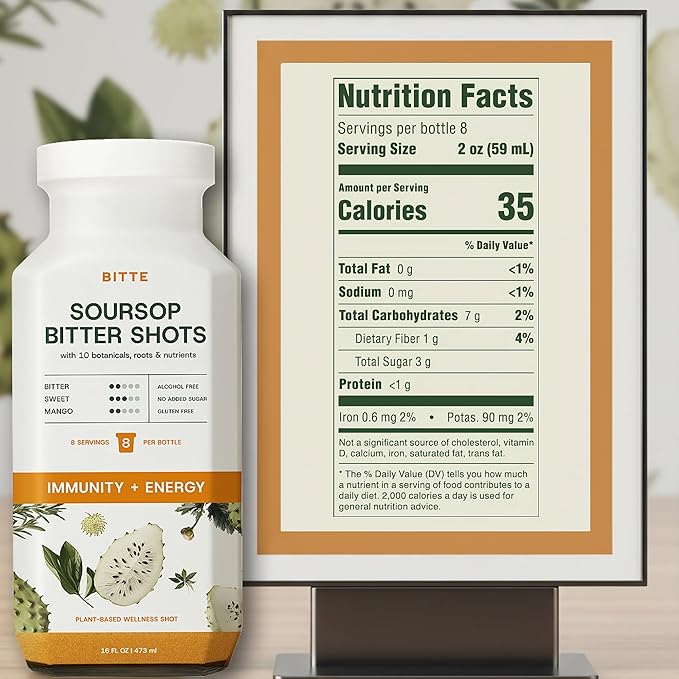 BITTE Immune + Energy Soursop Shots – 3 Pack Ready to Drink Mango Soursop with Zinc Ginseng Guarana &amp Turmeric – Functional Shot Brand for Supplement &amp Juice Lovers – 48 fl oz Total (24 Serv