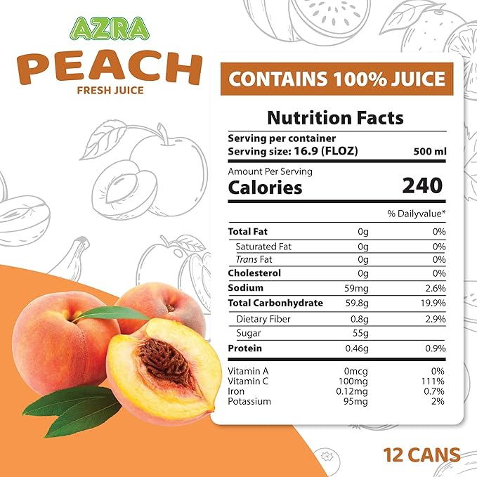 AZRA 100% Peach Juice 500 ml Can (Pack of 12) – Fresh Peach Fruit Juice Beverages No Added Sugar – Healthy Drinks for Adults and Kids – Real Fruit Juice Variety – 100 Percent Juice 16.9 fl oz