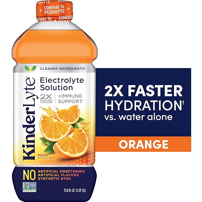 Kinderlyte Electrolyte Solution 2X Faster Hydration vs. Water Alone No Artificial Sweeteners or Flavors No Synthetic Dyes Orange for Kids and Adults 33.8 fl oz (Pack of 6)
