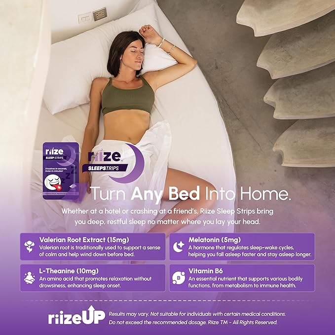 Riize Sleep Strips Fast Acting Dissolvable Oral Supplement with 5mg Melatonin Valerian Root L-Theanine Vitamin B6 Natural Flavors Vegan (30 Count)