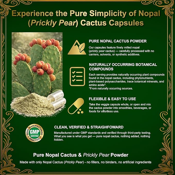 Nopal Cactus Capsules - Freeze Dried Prickly Pear Extract - Fiber Supplement for Metabolic Health Support - Rich in Betalains &amp Nitrates - Non-GMO - 120 Veggie Caps (4 Bottles)