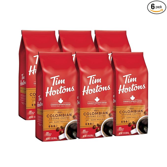 Tim Hortons Colombian Medium-Dark Roast Ground Coffee Perfectly Balanced Always Smooth Made with 100% Arabica Beans 12 Ounce (Pack of 6)