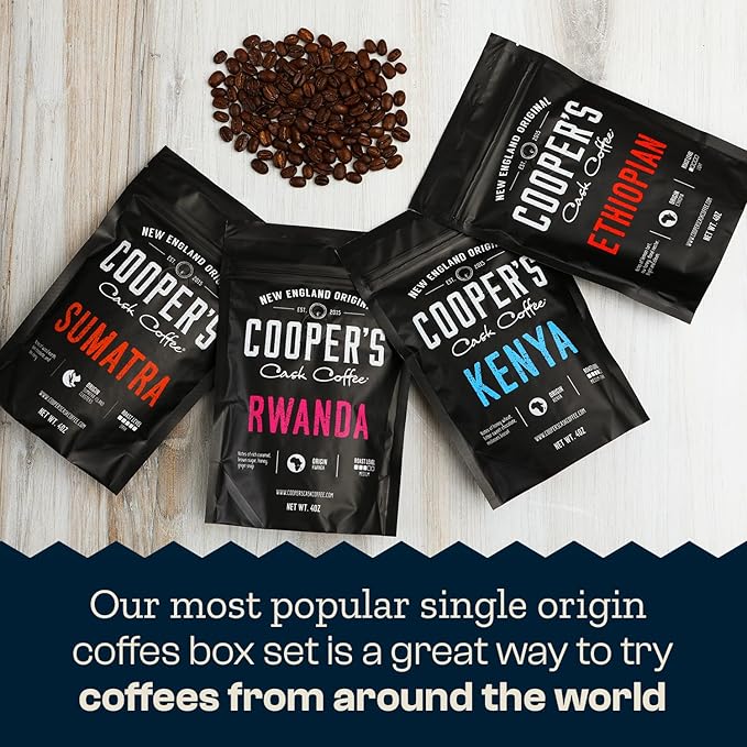 Gourmet Coffee Sampler Gift Box Set Roasted Coffee Beans Sumatra Dark Kenya AA Medium-Dark Rwanda Medium Natural Ethiopian Light Whole Bean 4 Bags 16 oz Total