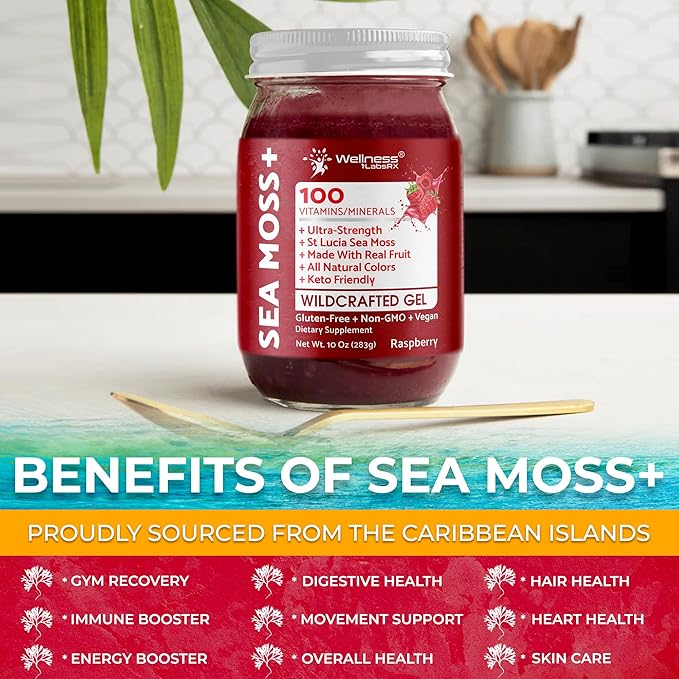 WELLNESS LABSRX Irish Sea Moss Gel Raw - Wildcrafted Superfood Seamoss Gel - Raspberry Flavor Vitamin and Mineral-Rich from Pristine Caribbean Waters Immune and Digestive Health Support - 10 oz.