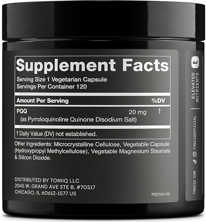 Toniiq 99%+ 20mg Supplement - Ultra High Purity PQQ 20mg Concentrated Formula - PQQ 20 mg 120 Capsules - Pyrroloquinoline Quinone Supplement - 1 Capsule Serving - Vegetarian Capsules