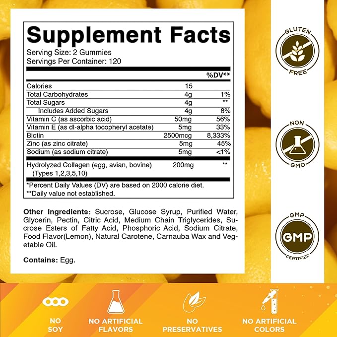 Vitamatic Hydrolyzed Collagen Gummies with Vitamin C Zinc and Biotin 200 mg - Healthy Skin Support - 240 Gummies
