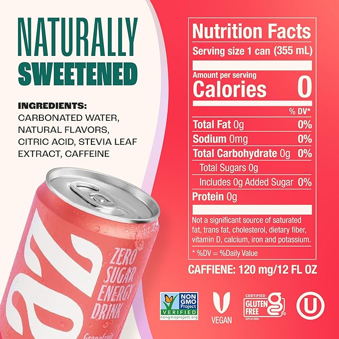 Zevia Zero Sugar Energy Drink Grapefruit 12 oz Cans (12-Pack) – Naturally Sweetened Non-GMO Project Verified Gluten-Free Vegan