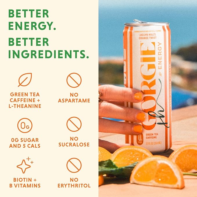 GORGIE Sugar Free Natural Energy Drinks Jaclyn Hill Orange Twist (12 Pack) Healthy Sparkling Energy Drinks Natural Coffee Replacement with Green Tea Caffeine and Biotin Vegan Low Calorie