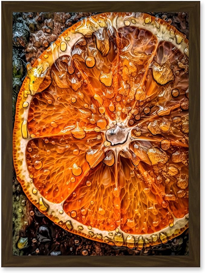 Artery8 Orange Slice with Juice Droplets Macro Painting Artwork Framed A3 Wall Art Print
