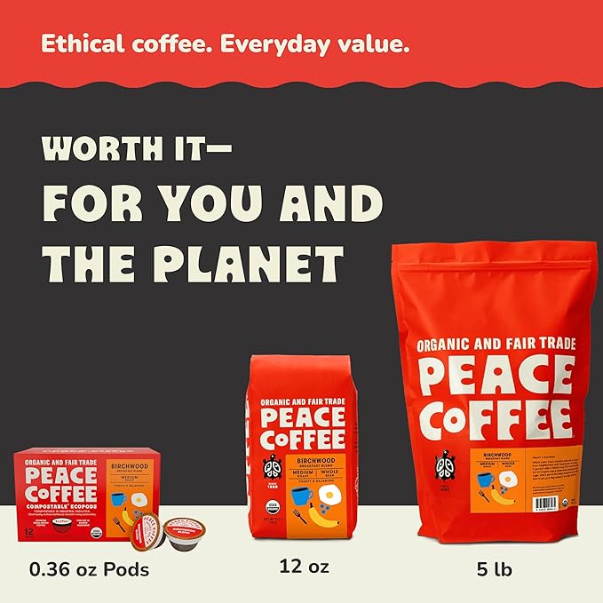 Peace Coffee Birchwood Breakfast Blend Ground Medium Roast Coffee 12 oz Pack of 3 Organic Fair Trade Smooth Mild Flavor Shade Grown Fresh Roasted