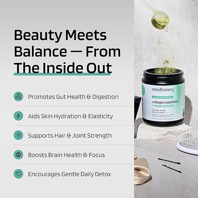MINDHONEY | Collagen Peptides + Super Greens | Premium All-in-One Superfood Powder | Gut Health Detox Hair &amp Skin Immunity | Collagen Peptides Super Greens Probiotics Adaptogens | 30 Serving