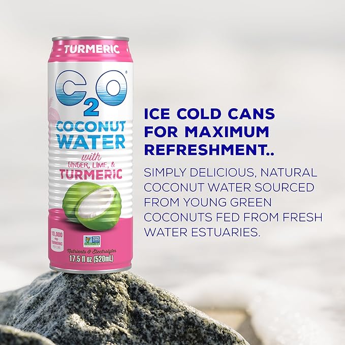 C2O - Coconut Water with Ginger Lime &amp Turmeric (12 Pack) - Made with Fresh Coconut Water - Plant Based - Non GMO - Canned Water - Natural Hydration Electrolytes &amp Potassium - 12 Cans 17.