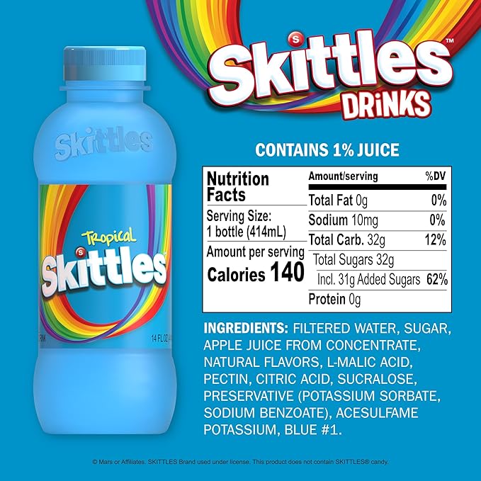 SKITTLES™ Candy Flavored Drink - Tropical Flavor | Bulk Candy Drinks with Fruity Flavors | 12 Fl oz. Bottles Pack of 12