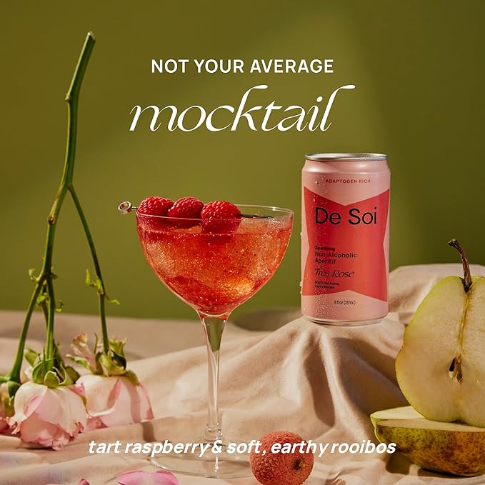 De Soi Très Rosé 12-Pack – Sparkling Non-Alcoholic Rosé-Inspired Drink with Adaptogens L-Theanine Lion’s Mane &amp Reishi Mushroom Elegant Mocktail &amp Alcohol Alternative