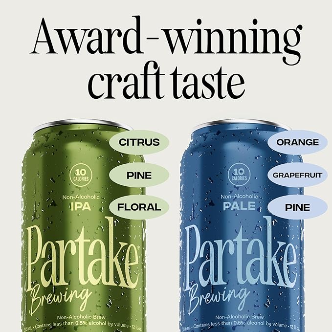 Partake Brewing Craft Non Alcoholic Beer Variety Pack x 12 Fl Oz Cans - Low Calorie &amp Carb No Sugar All Natural Ingredients - Award-Winning Taste Non Alcoholic Beer Without the Empty Calories