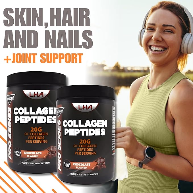 LHA Collagen Peptides Powder Chocolate Flavor Dietary Supplement for Skin Hair Nails Bone &amp Joint Support 10 oz