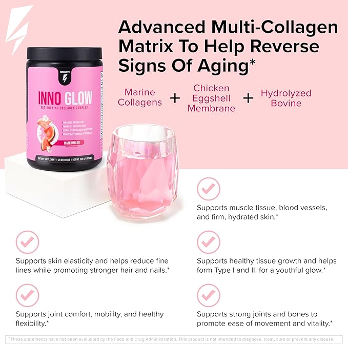 InnoSupps InnoGlow Multi Collagen Peptides Powder for Weight Loss - Thermogenic Fat Burner and Anti Aging Collagen Powder for Women - Hair Skin Nails Joint Support - 20 Servings (Watermelon)