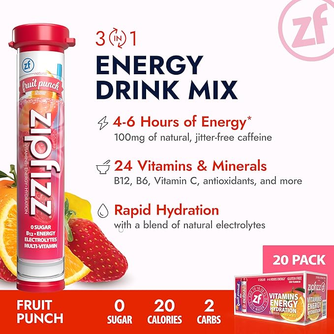 Zipfizz Daily Energy Drink Powder Fruit Punch 20 Pack 3-in-1 Sustained Energy Rapid Hydration and Essential Vitamins Sugar-Free Electrolyte Powder Contains Vitamin B-12 &amp Antioxidants