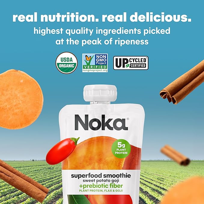 Noka Superfood Fruit Smoothie Pouches Sweet Potato Goji Healthy Snacks with Flax Seed Plant Protein and Prebiotic Fiber Vegan and Gluten Free Snacks Organic Squeeze Pouch 4.22 oz 12 Count