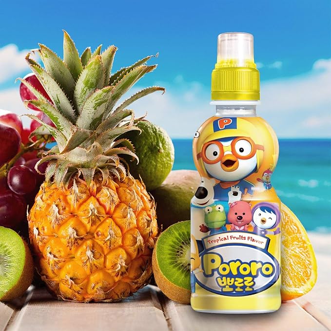 Paldo Fun &amp Yum Pororo Kids Tropical Fruit Flavor Drink Pack of 8 Fruit Juice Drinks with Comfortable Push-Pull Sports Cap Perfect Drink for Children 7.95 fl oz. x 8