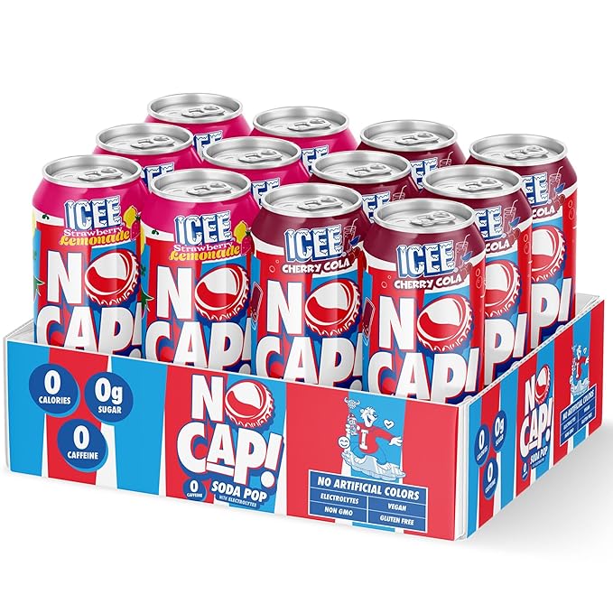 NO CAP! Next Gen Soda Pop Cherry Cola &amp Strawberry Lemonade Variety Pack Electrolytes for Hydration Zero Sugar Zero Calories Caffeine-Free Soda Vegan &amp Gluten-Free 16 oz Cans (12-Pack)