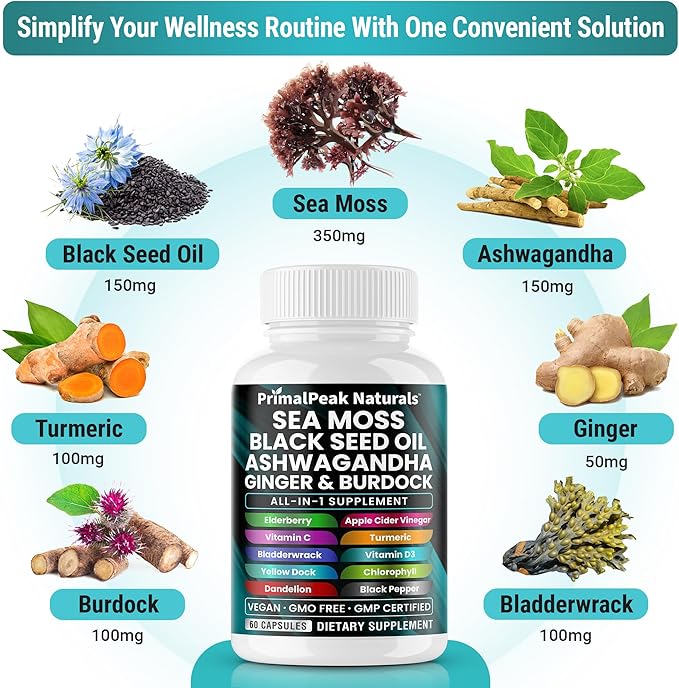 Sea Moss Black Seed Oil Ashwagandha Ginger Burdock Bladderwrack Turmeric &amp Vitamin C Vitamin D3 with ACV Elderberry Chlorophyll Dandelion Yellow Dock Vegan Capsules - 180 Count