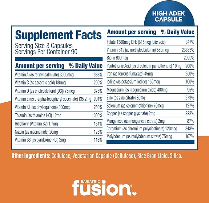 Bariatric Fusion High ADEK Multivitamin Capsule with 45mg Iron | Multi for Duodenal Switch Surgery Patients | Easy to Swallow Vitamin | 270 Capsules | 3 Month Supply