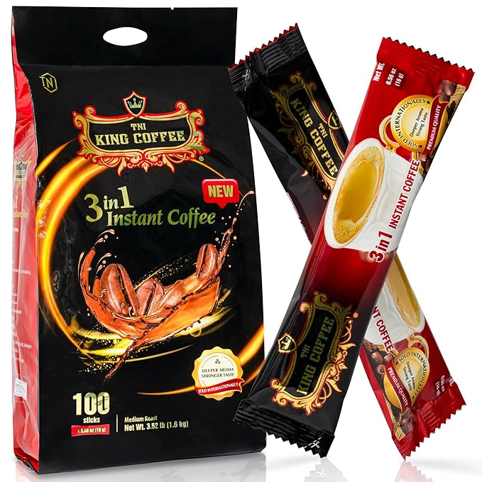 TNI King Coffee 3 in 1 Instant Vietnamese Coffee 100 Single Serve Packets - Individual Pocket Size Sachet Sticks - Blended with Coffee Cream Powder and Sugar - Bulk Size Pack