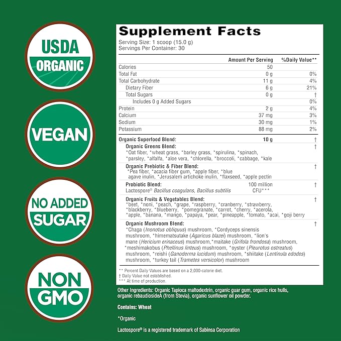 Country Farms Super Greens Natural Flavor 50 Organic Super Foods USDA Organic Drink Mix (Wheat Grass Spirulina Chlorella) Mushrooms &amp Probiotics Fiber Gut Health Natural Energy 30 Servings
