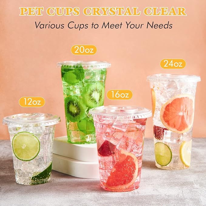 Vplus 160 Pack 16 OZ PET Clear Plastic Cups with Lids 16 OZ Crystal Cold Disposable Drinking Plastic Cups with Flat Lids Perfect for Ice Coffee Smoothie Juice